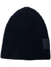 PRADA PRADA KNITTED LOGO BEANIE - BLUE