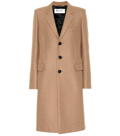 Saint Laurent Single-breasted Buttoned Coat In Neutrals