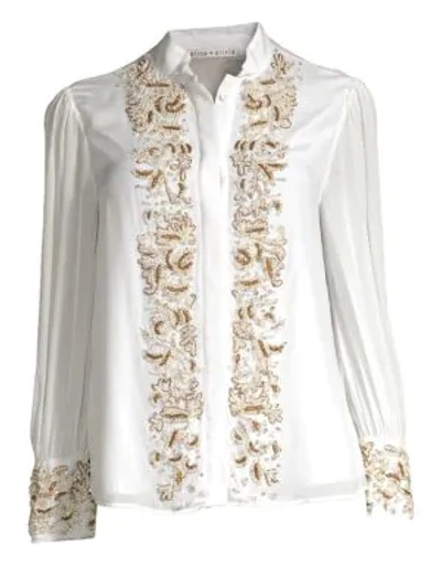 Alice And Olivia Zita Pearlescent-embroidered Button-front Blouse In Off White Gold