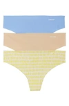 Calvin Klein Invisibles Thong 3-pack Qd3558 In Geo/bare/carolina Blue