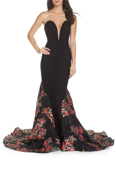 Mac Duggal Plunge Floral Jacquard Mermaid Gown In Black