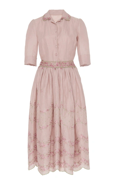 Luisa Beccaria Embroidered Broadcloth Shirt Dress In Pink