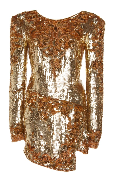 Dundas Long-sleeve Embroidered Sequin Mini Dress In Gold