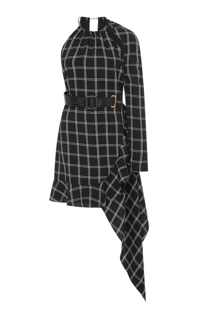 Self-portrait Belted Asymmetrical Checkered Mini Dress In Navy