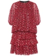 Saint Laurent Multi-dot Tiered Short-sleeve Metallic Silk Mini Dress In Red