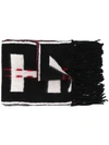 Off-white Fringed Logo Intarsia Wool Knit Scarf In Black