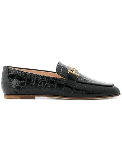 Tod's Embellished Glossed Croc-effect Leather Loafers In Black