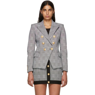 Balmain Double-breasted Prince Of Wales Checked Cotton-blend Blazer In Grey