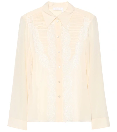 Chloé Long-sleeve Button-down Silk Shirt With Lace In Butter Cream