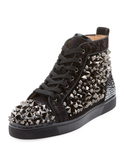 Christian Louboutin Men's Louis Mix Mid-top Spiked Leather Sneakers, Black