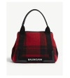 BALENCIAGA RED CHECKED LEATHER-TRIMMED TARTAN WOOL SHOULDER BAG