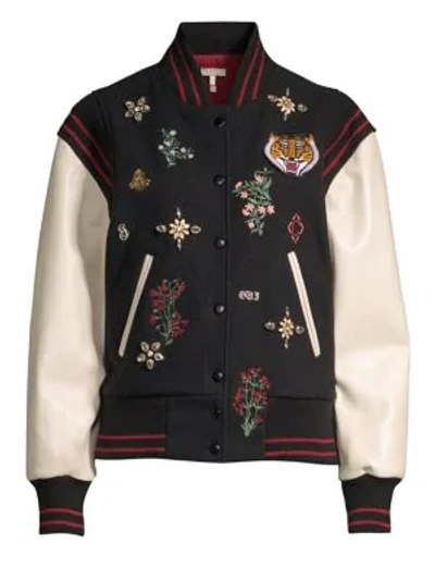 Joie Asuna Leather-sleeve Embellished Bomber Jacket In Caviar