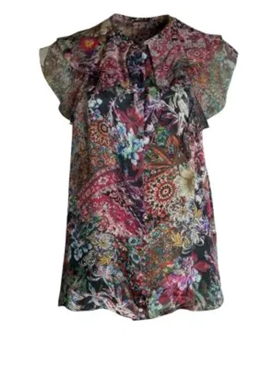 Elie Tahari Mala Tapestry Print Silk Satin Blouse In Black Multi