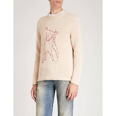 Gucci Embroidered Intarsia Cotton Knit Sweater In Beige
