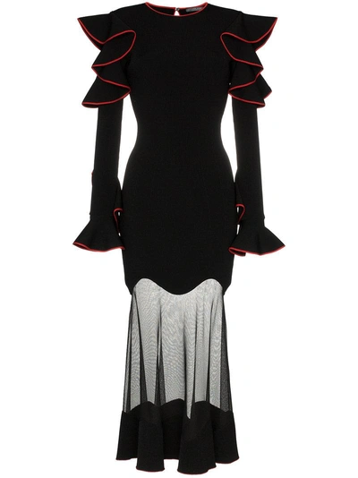 Alexander Mcqueen Long-sleeve Shoulder-ruffle Cocktail Dress With Sheer Hem Skirt In Black/red