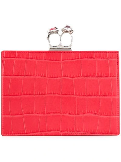 Alexander Mcqueen Jewelled Double Ring Crocodile-embossed Clutch Bag - Silvertone Hardware In Lust Red