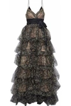CINQ À SEPT WOMAN SILK SATIN-PANELED TIERED EMBROIDERED TULLE GOWN BLACK,AU 1874378722895648