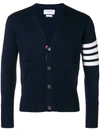 Thom Browne V-neck Cardigan In Fine Merino Wool With Distinctive Stripes In Blue