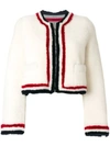 THOM BROWNE ZIP UP CARDIGAN JACKET WITH RED, WHITE AND BLUE INTARSIA IN DYED SHEARLING