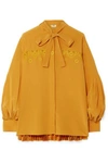 FENDI PUSSY-BOW EMBROIDERED PLEATED SILK CREPE DE CHINE BLOUSE