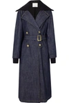 TIBI STRETCH MERINO WOOL-TRIMMED DENIM TRENCH COAT