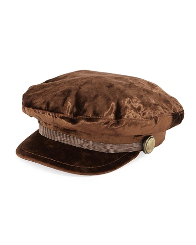 Brunello Cucinelli Velvet Driving Hat W/ Monili Trim In Brown Metallic