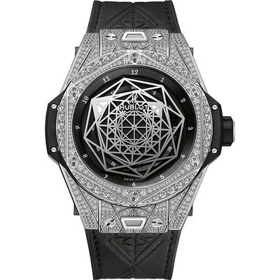 Hublot 415.nx.1112.vr.1704.mxm17  Big Bang Sang Bleu Diamond, Titanium And Leather Watch In Black/silver