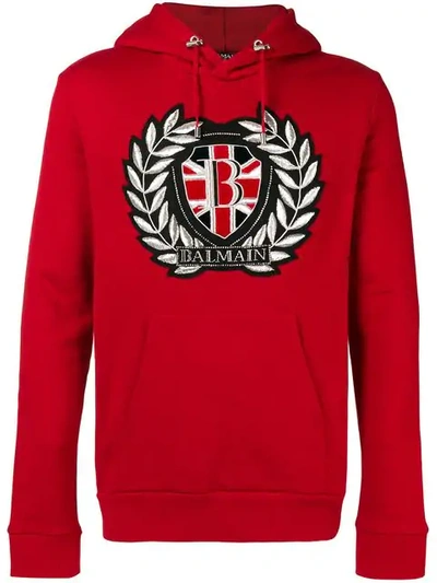 Balmain Patch Logo Jersey Sweatshirt Hoodie In Red