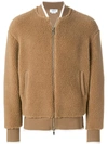 THOM BROWNE THOM BROWNE BOMBER WITH TIPPING STRIPE IN BABY CAMEL HAIR SHERPA