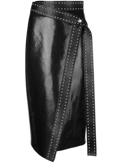 Alexander Mcqueen Python-embossed Lamb-leather Midi Wrap Skirt W/ Studs In Black/silver