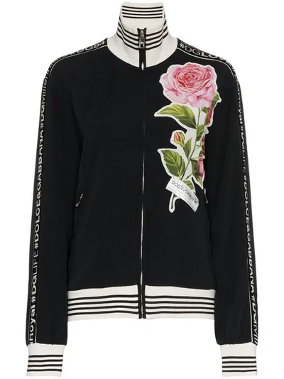 Dolce & Gabbana Stand-collar Zip-front Sweatshirt W/ Dg Band & Rose Applique In Black