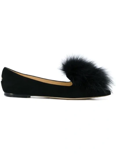 Jimmy Choo Gale Fur-trimmed Suede Ballet Flats In Black