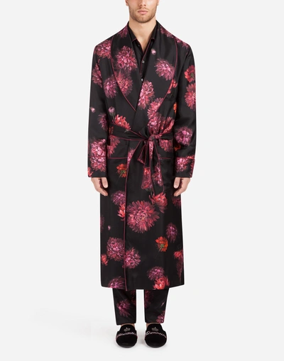 Dolce & Gabbana Printed Silk Robe In Black