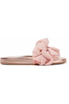 CHARLOTTE OLYMPIA CHARLOTTE OLYMPIA WOMAN NAIA RUFFLED ORGANZA-APPLIQUÉD SUEDE AND METALLIC LEATHER SLIDES PASTEL PINK,3074457345619082603