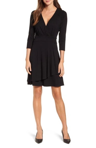 Karen Kane Faux Wrap Drape Dress In Black