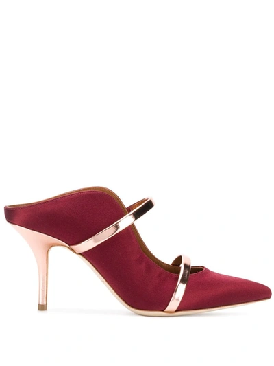 Malone Souliers Maureen 100 Metallic Leather-trimmed Satin Mules In Wine Rose Gold