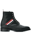 THOM BROWNE THOM BROWNE STRIPED PEBBLE GRAIN LONGWING BOOT - BLACK