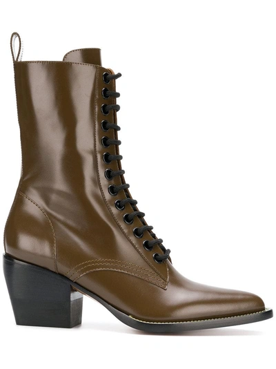 Chloé Women's Rylee Pointed Toe Leather Mid-heel Boots In Cacao Brown