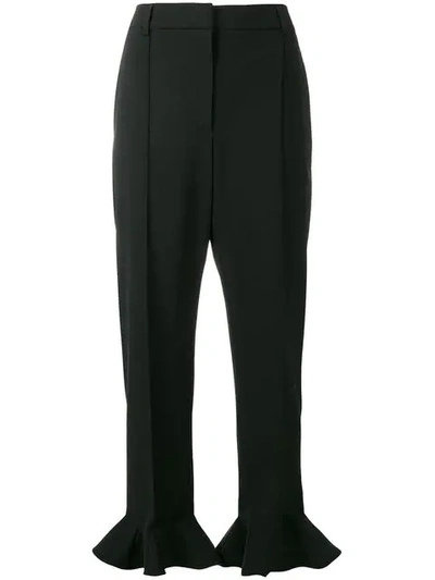 Valentino Ruffle-hem Straight-leg Stretch-wool Ankle Pants In Black