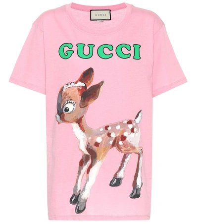 Gucci Fawn And Floral-print Cotton T-shirt In Pink