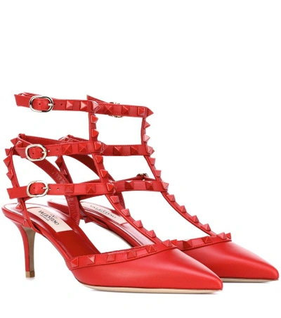 Valentino Garavani Rockstud Tonal Leather Sling Heels In Red