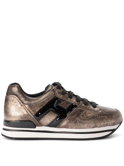 Hogan H222 Pale Golden Leather And Black Patent Leather Trainer In Oro
