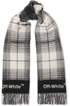 OFF-WHITE FRINGED CHECKED WOOL-BLEND SCARF