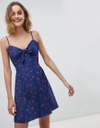 NEON ROSE CAMI DRESS WITH BUNNY TIES IN CHERRY PRINT - NAVY,NRDR388