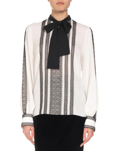 Andrew Gn Long-sleeve Lace-trim Silk Blouse W/ Neck Tie In White