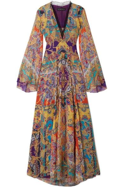 Etro V-neck Flutter-sleeve Banded Printed Silk Georgette Gown In Purple