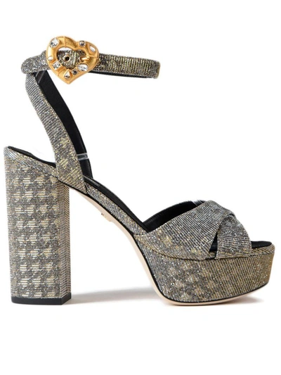 Dolce & Gabbana Keira Houndstooth Metallic Twill Platform Sandals In Oro/argento/nero