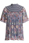 NEEDLE & THREAD WOMAN SMOCKED EMBROIDERED CREPE DE CHINE BLOUSE SKY BLUE,GB 82673812120000