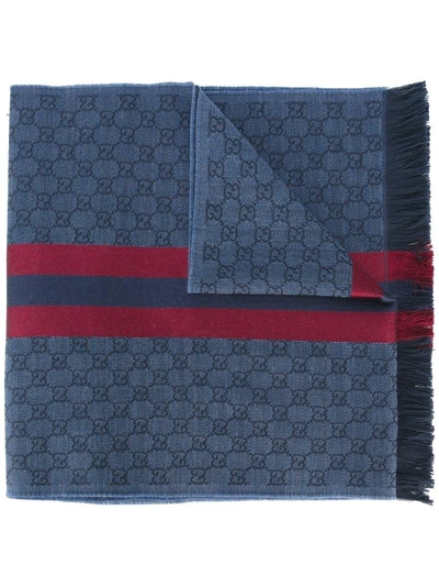 Gucci Web Detail Jacquard Knit Scarf In Blue