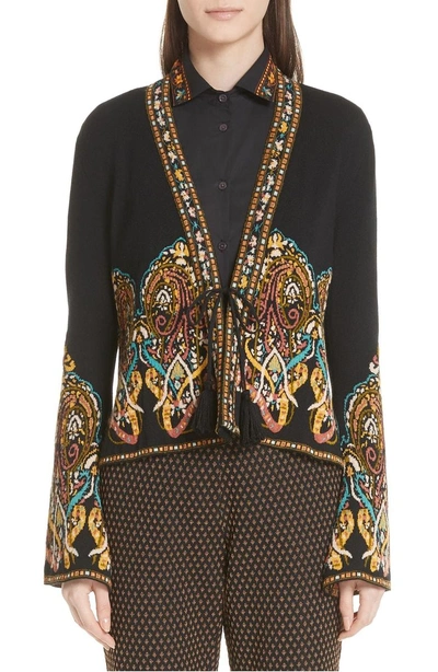 Etro Tie-front Paisley-intarsia Short Knit Jacket In Black